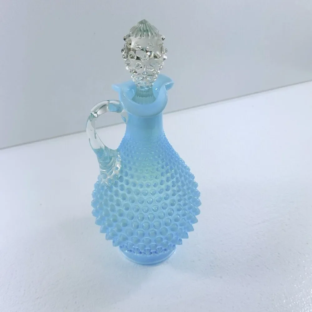 Vintage Fenton Glass Blue Opalescent Hobnail Wine Decanter Pitcher W/ Stopper